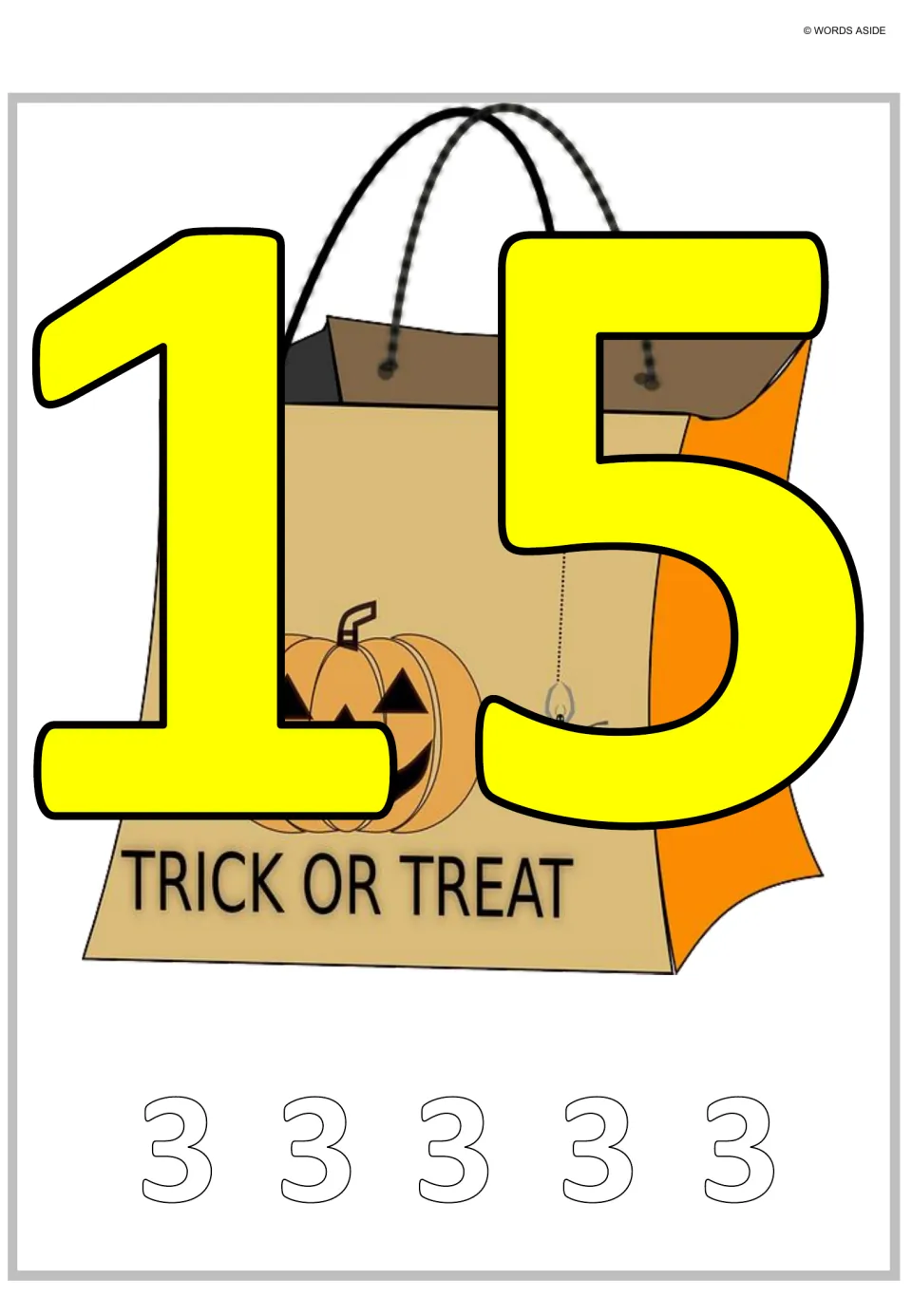 Multiplication and repeated addition poster 5: a large 15 paired with five outlined 3s to represent the total.