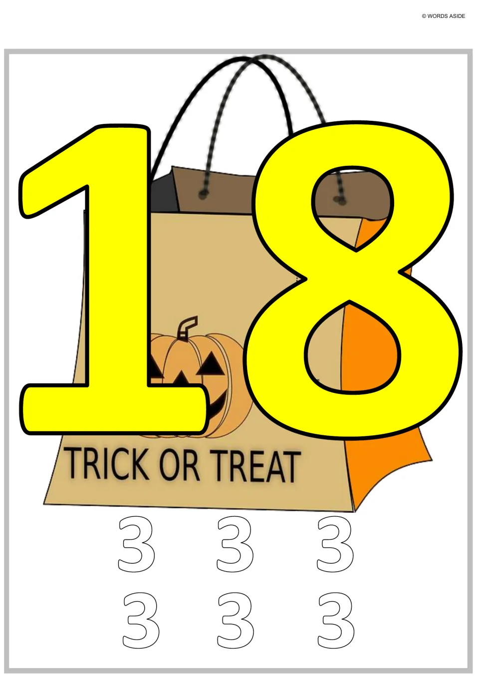Multiplication and repeated addition poster 6: a large 18 paired with six outlined 3s to represent the total.