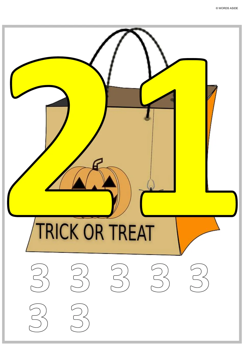 Multiplication and repeated addition poster 7: a large 21 paired with seven outlined 3s to represent the total.