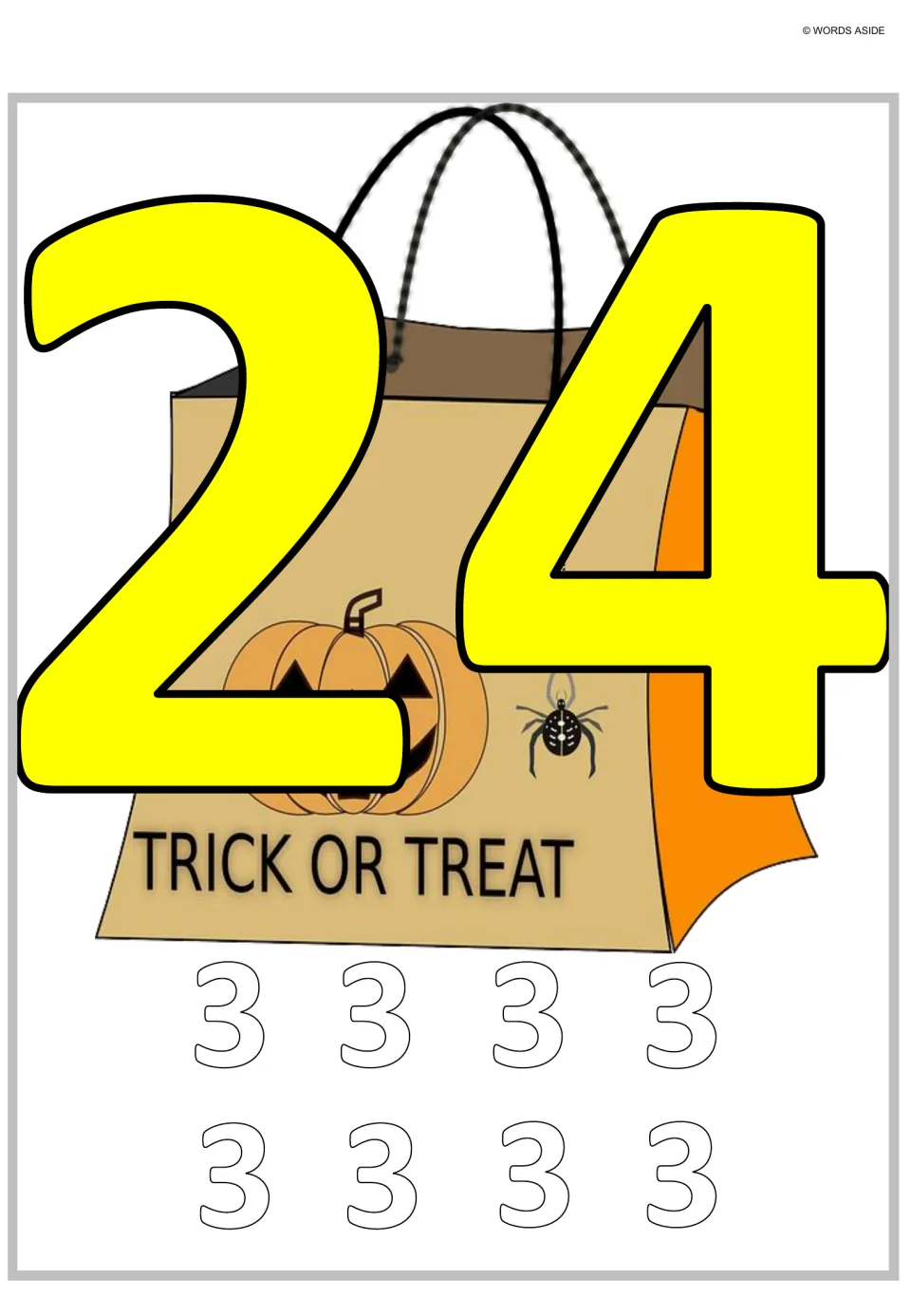 Multiplication and repeated addition poster 8: a large 24 paired with eight outlined 3s to represent the total.