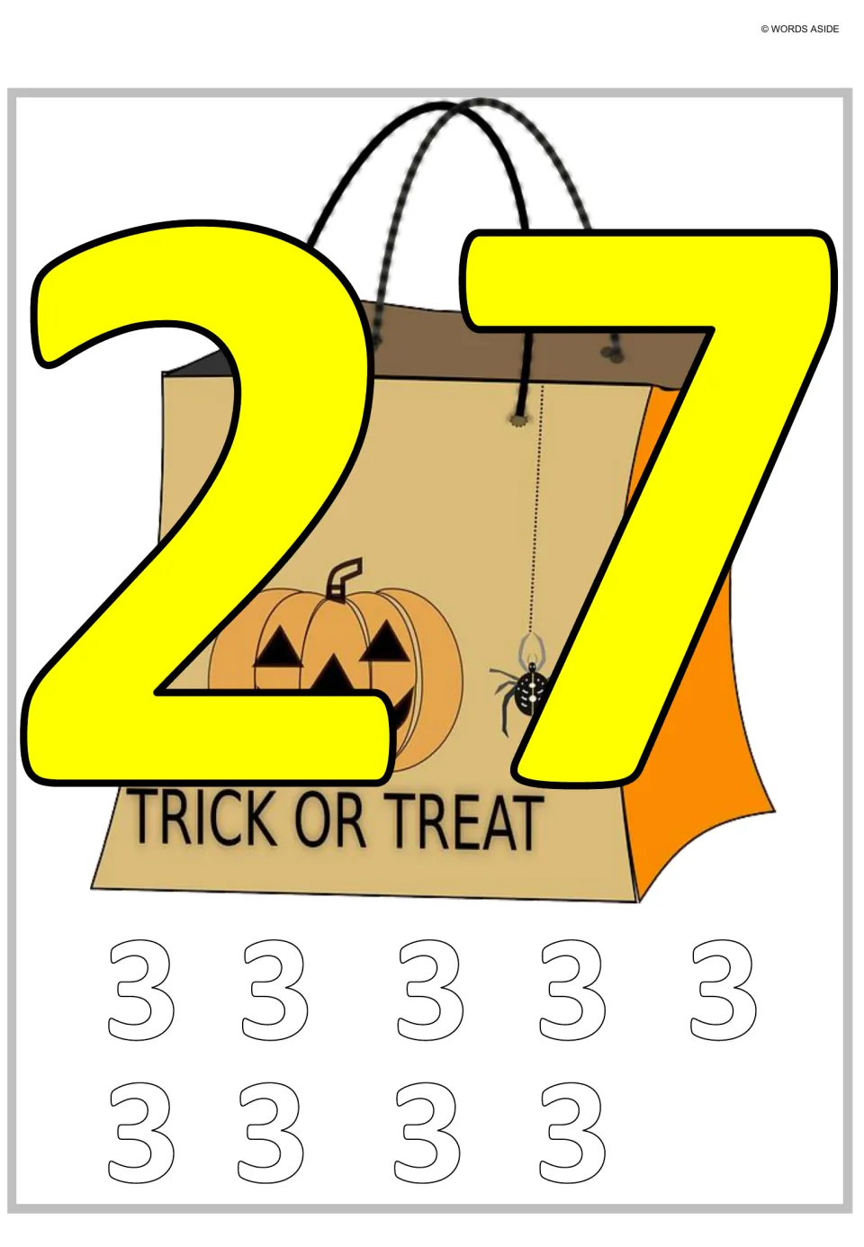 Multiplication and repeated addition poster 9: a large 27 paired with nine outlined 3s to represent the total.