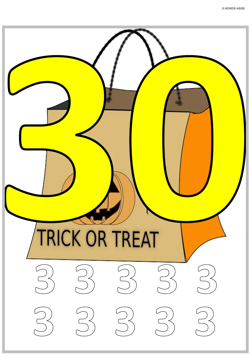 Multiplication and repeated addition poster 10: a large 30 paired with ten outlined 3s to represent the total.