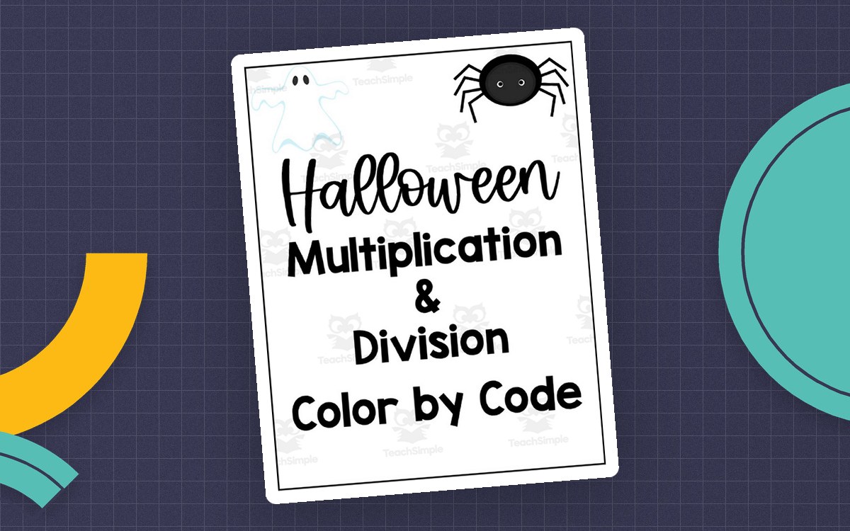 Halloween Multiplication and Division Color by Code cover with a black spider and bold worksheet title.