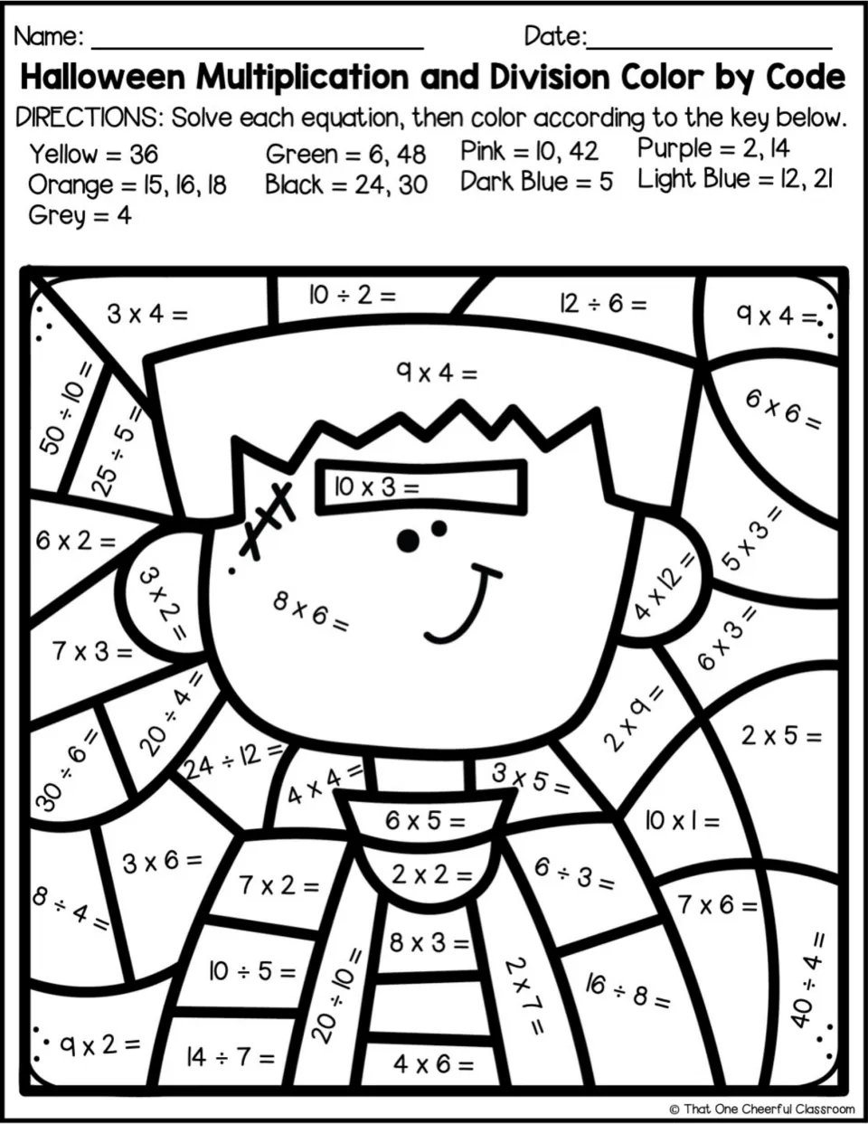 Frankenstein's monster mystery picture: students solve multiplication and division facts, then colour each space by the key