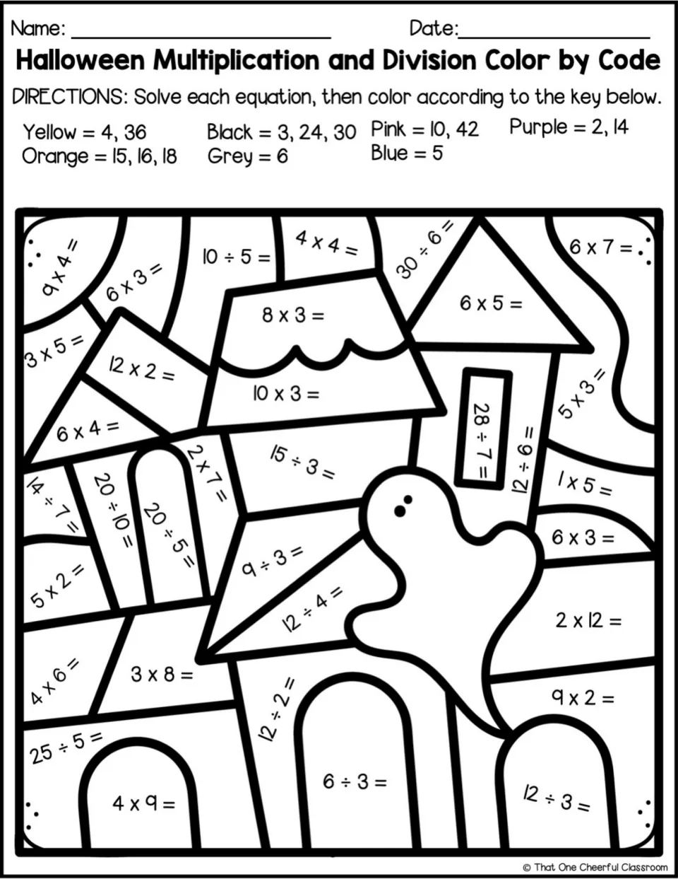 Haunted house and ghost picture: students solve times and division facts, colouring answers such as 4 and 36 yellow
