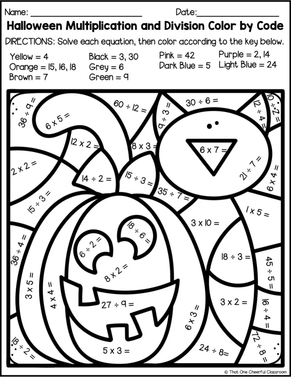 Jack-o'-lantern and black cat picture: students solve mixed facts and colour by a key that adds brown, green and grey