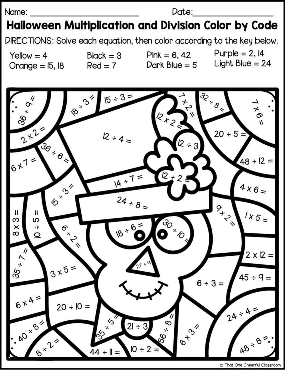 Skull in a flowered top hat: students solve division-heavy facts and colour by code, with red for answers of 7