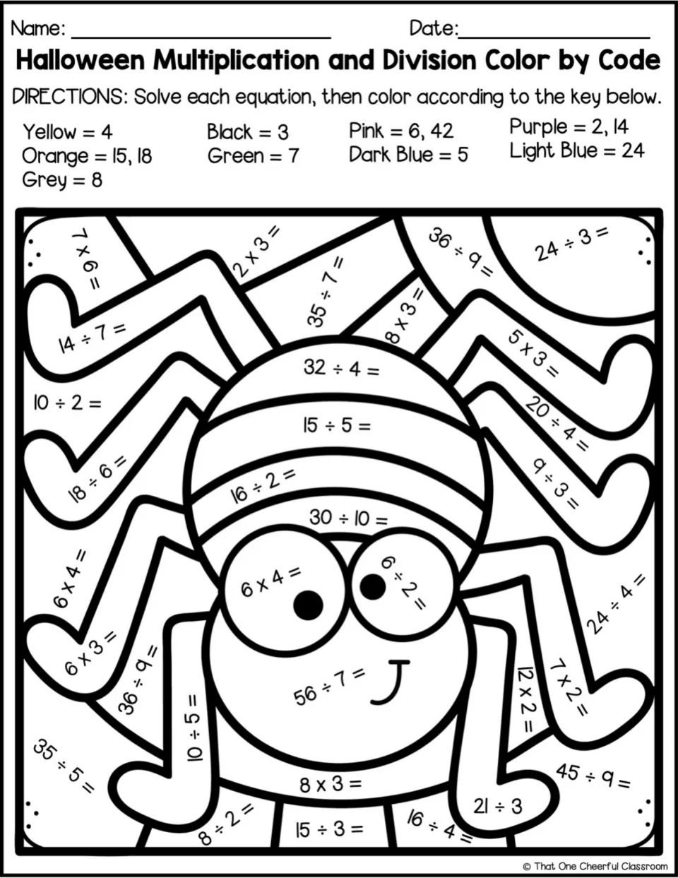 Smiling spider picture: students solve facts such as 32 ÷ 4 and 56 ÷ 7, then colour with a key including grey for 8