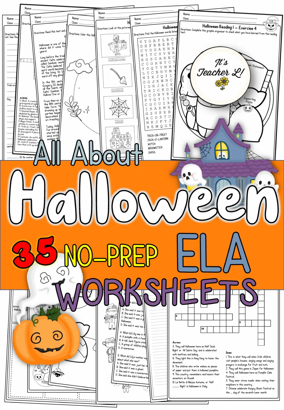 All About Halloween cover: 35 no-prep ELA worksheets, showing a word search, crossword, reading text and coloring pages