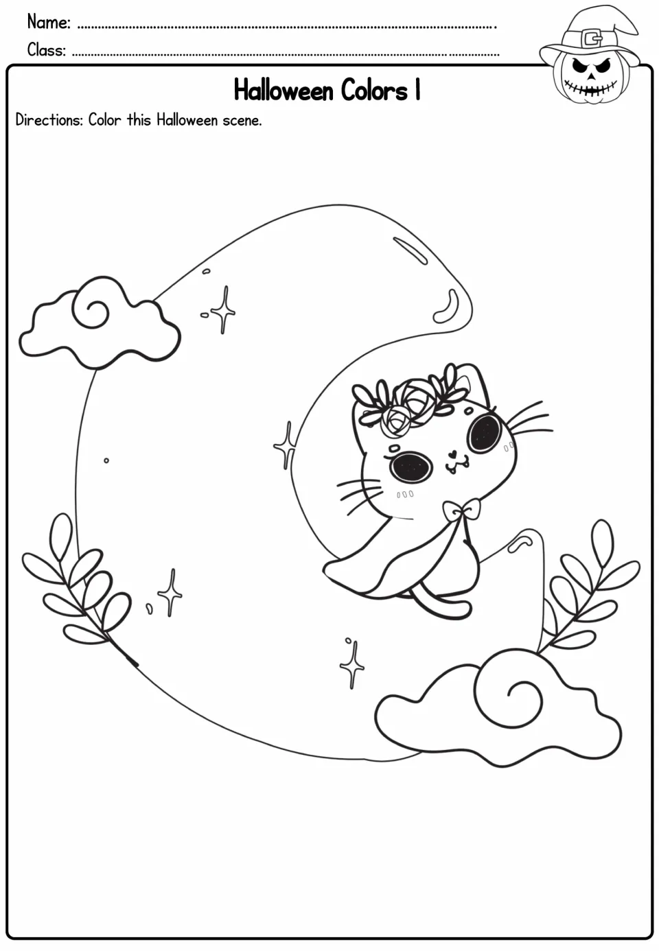 Halloween Colors 1: students color a scene of a caped cat with a flower crown sitting on a crescent moon among clouds