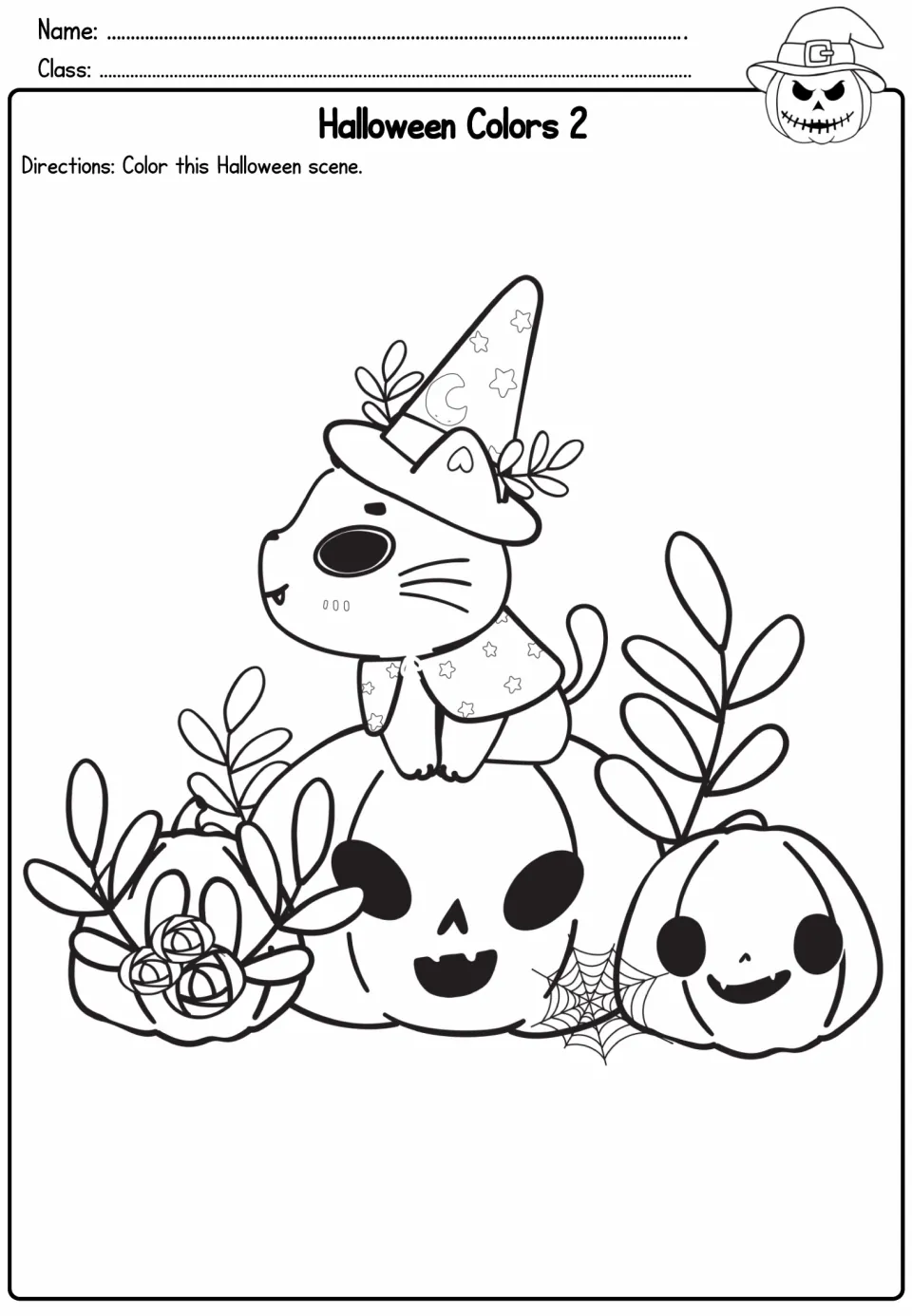 Halloween Colors 2: students color a cat in a starry witch hat and cape perched on three jack-o'-lanterns with leaves