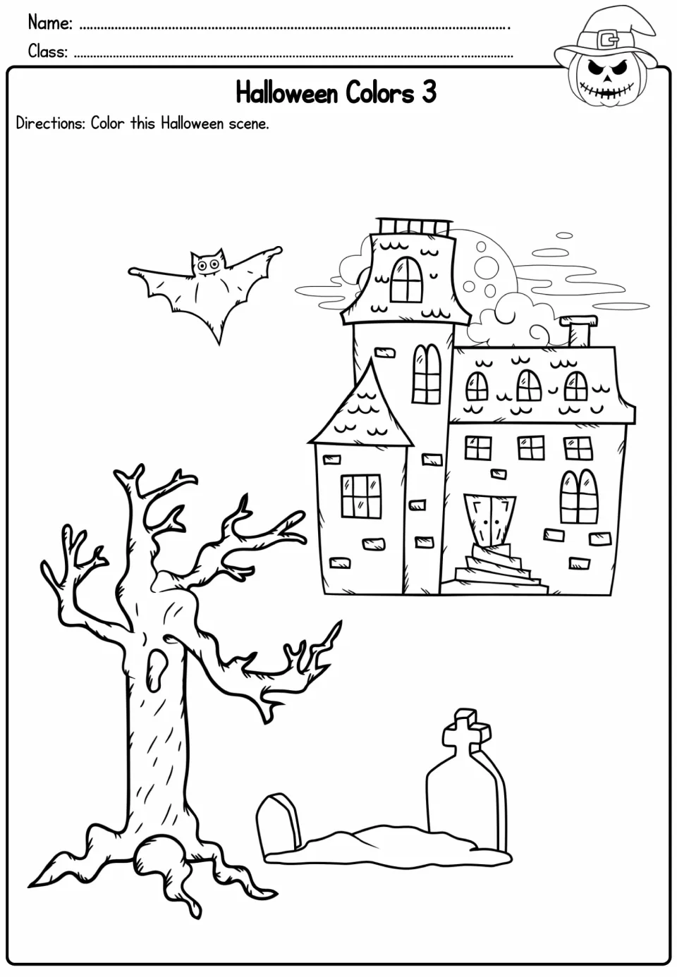 Halloween Colors 3: students color a haunted house under a full moon with a bat, a bare tree and two gravestones