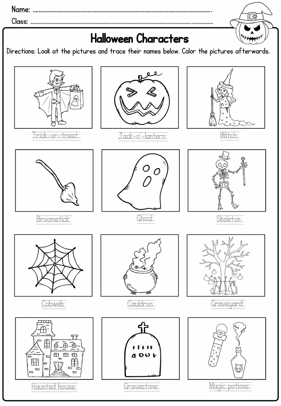 Halloween Characters: students trace 12 picture labels such as witch, cauldron and gravestone, then color each picture