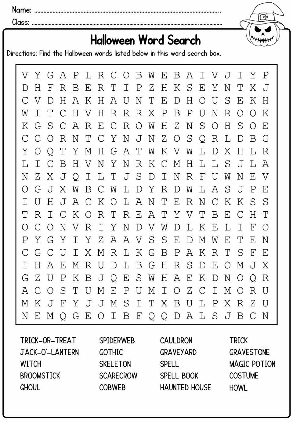Halloween Word Search: students find 20 holiday words, including trick-or-treat, cauldron and haunted house, in the grid