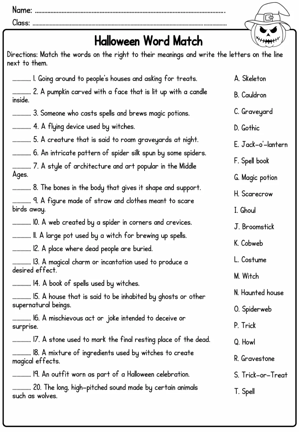 Halloween Word Match: students match 20 definitions to vocabulary words like ghoul, cobweb and spell book, writing letters