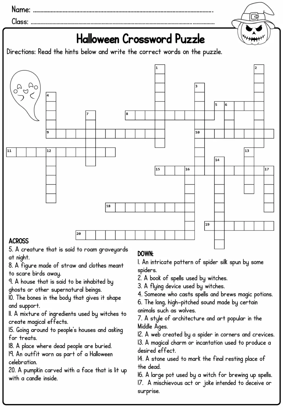 Halloween Crossword Puzzle: students read across and down definition clues and write vocabulary words such as ghoul