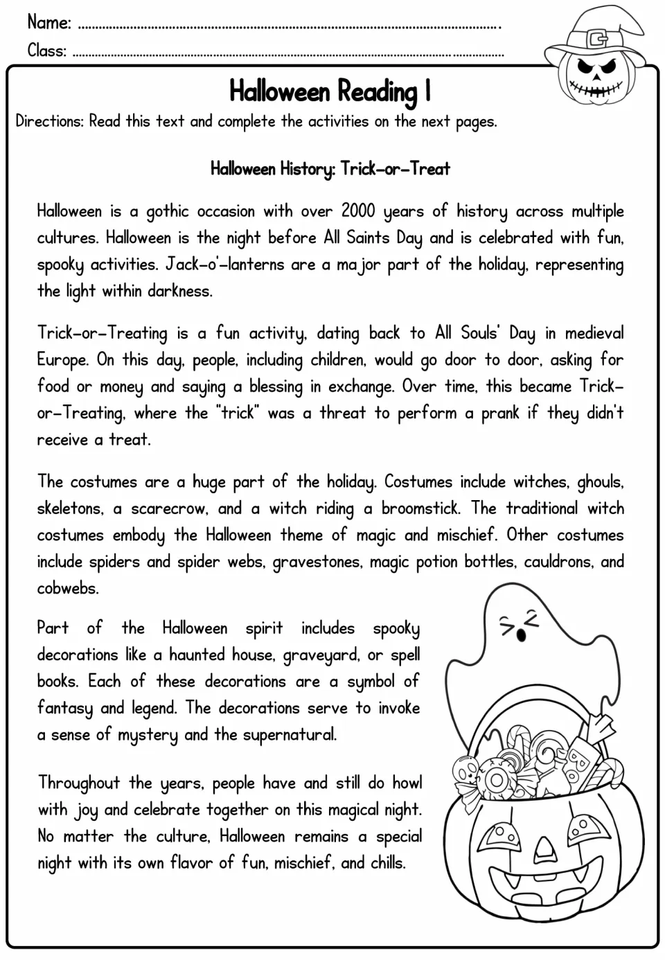 Halloween Reading 1, Halloween History: Trick-or-Treat, a passage on All Souls' Day, costumes and decorations to read