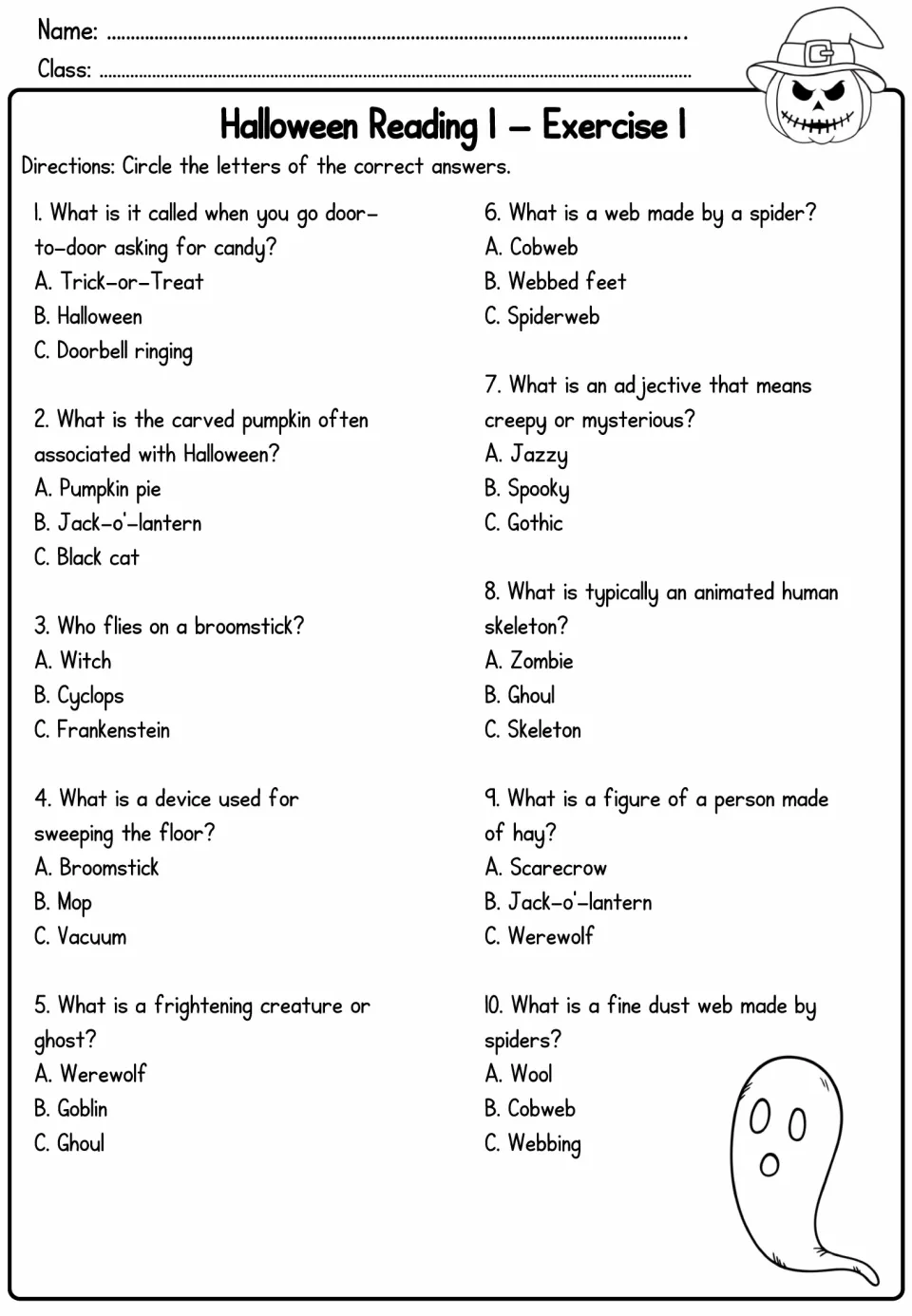 Halloween Reading 1, Exercise 1: students circle the correct answer to 10 multiple-choice vocabulary questions