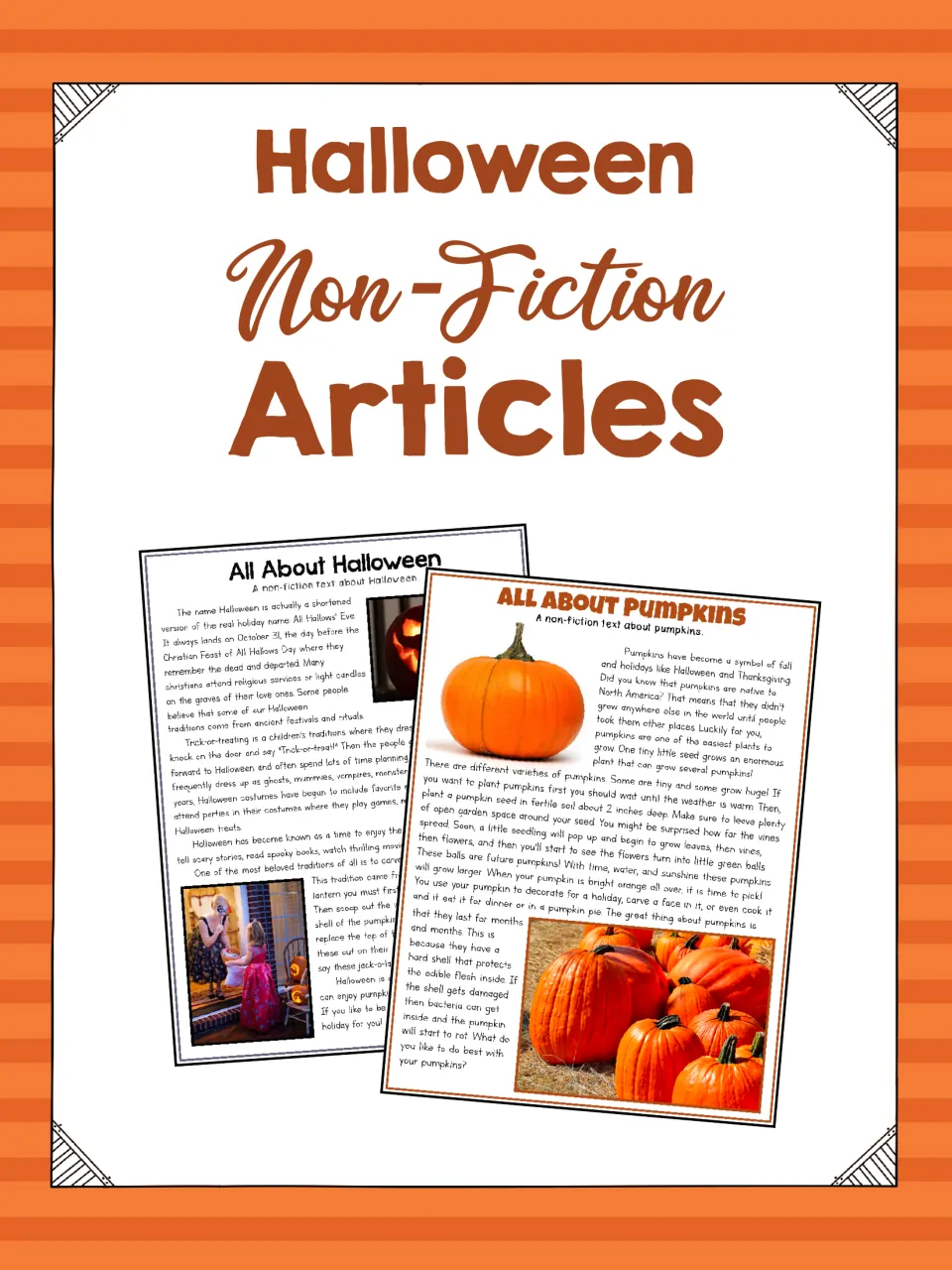 Halloween Non-Fiction Articles cover showing sample article pages on Halloween and pumpkins with photos