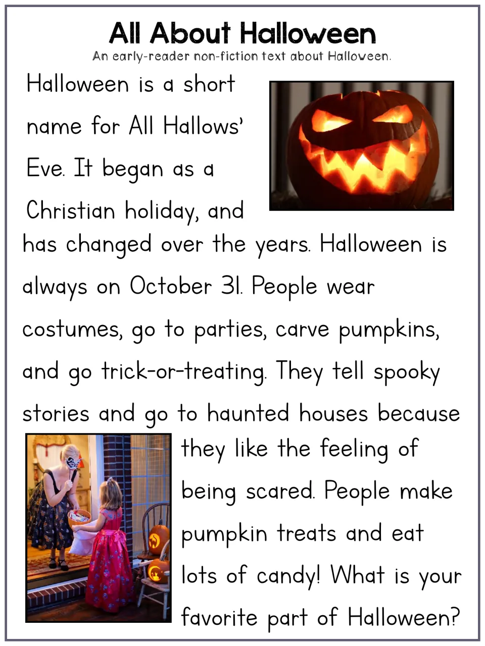 All About Halloween, an early-reader article: students read about October 31, costumes and trick-or-treating