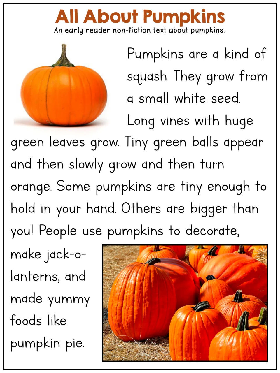 All About Pumpkins, an early-reader article: students read how pumpkins grow from a seed and how people use them