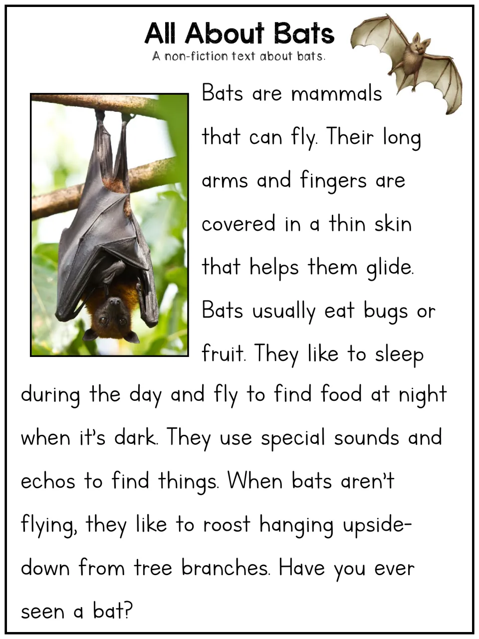 All About Bats article: students read facts about bats as flying mammals that eat bugs or fruit and roost upside down