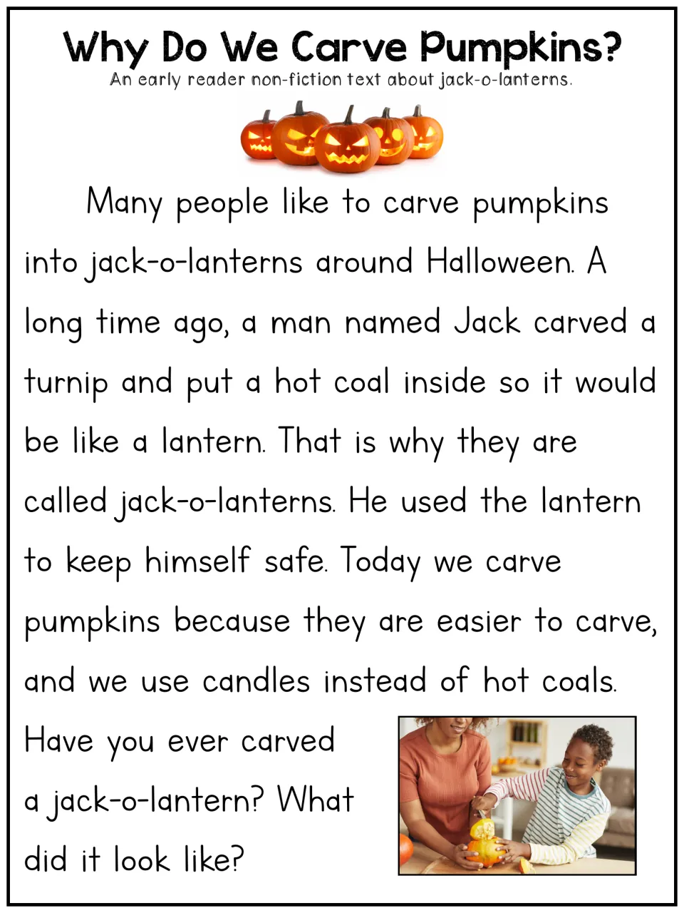 Why Do We Carve Pumpkins? article: students read about Jack's turnip lantern and today's jack-o-lanterns