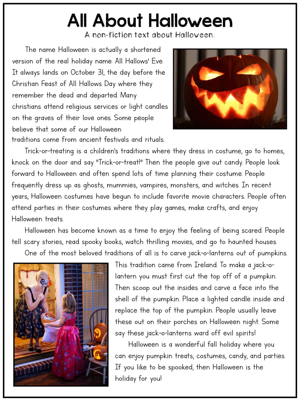 All About Halloween, a longer article: students read about All Hallows' Eve, costumes, jack-o-lanterns and Ireland