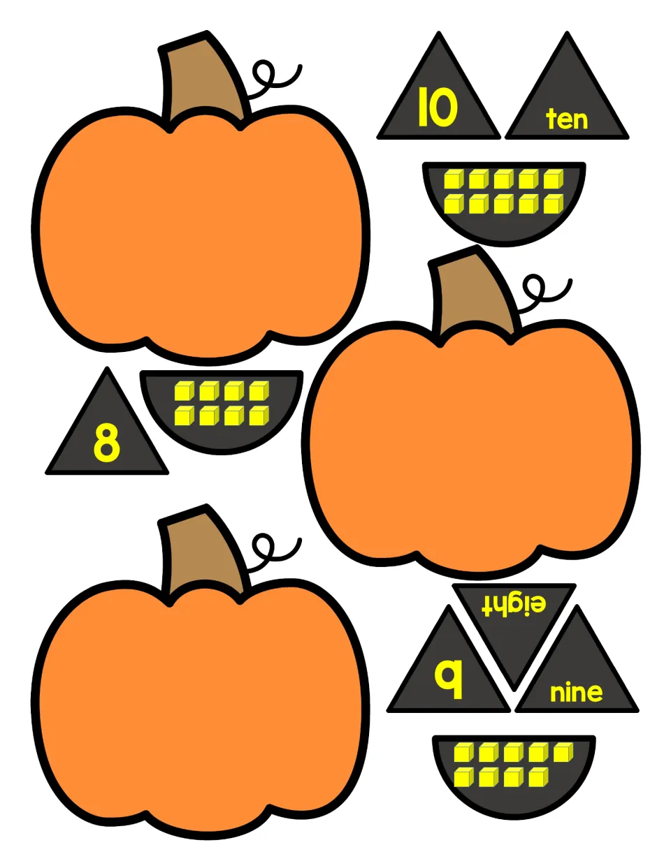 Pumpkin number puzzle pieces for 8, 9, and 10: pumpkins, numeral eyes, number word eyes, and cube mouths.