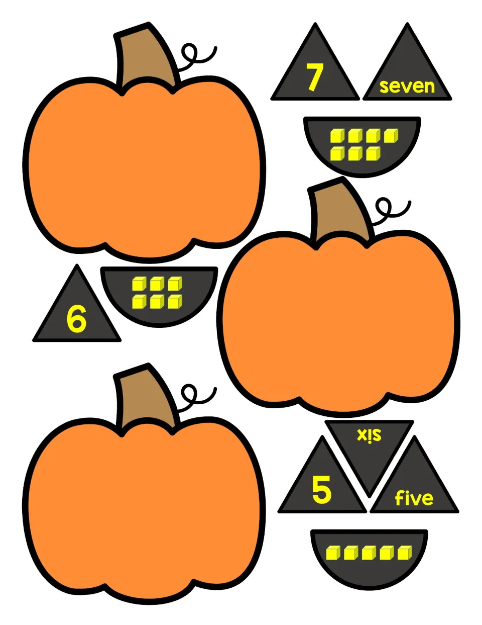 Pumpkin number puzzle pieces for 5, 6, and 7: pumpkins, numeral eyes, number word eyes, and cube mouths.