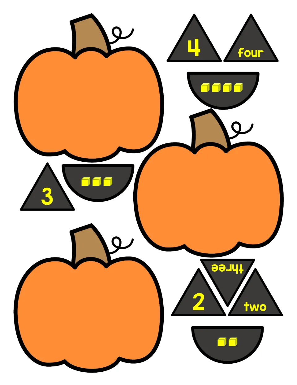 Pumpkin number puzzle pieces for 2, 3, and 4: pumpkins, numeral eyes, number word eyes, and cube mouths.