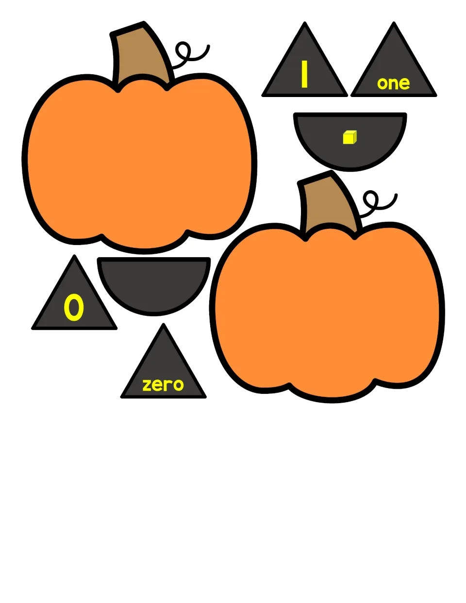 Pumpkin number puzzle pieces for 0 and 1: two pumpkins, numeral and word eyes, and mouths with zero or one cube.