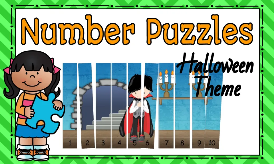 Cover of Halloween Number Puzzles, showing a vampire picture puzzle with pieces numbered 1 through 10