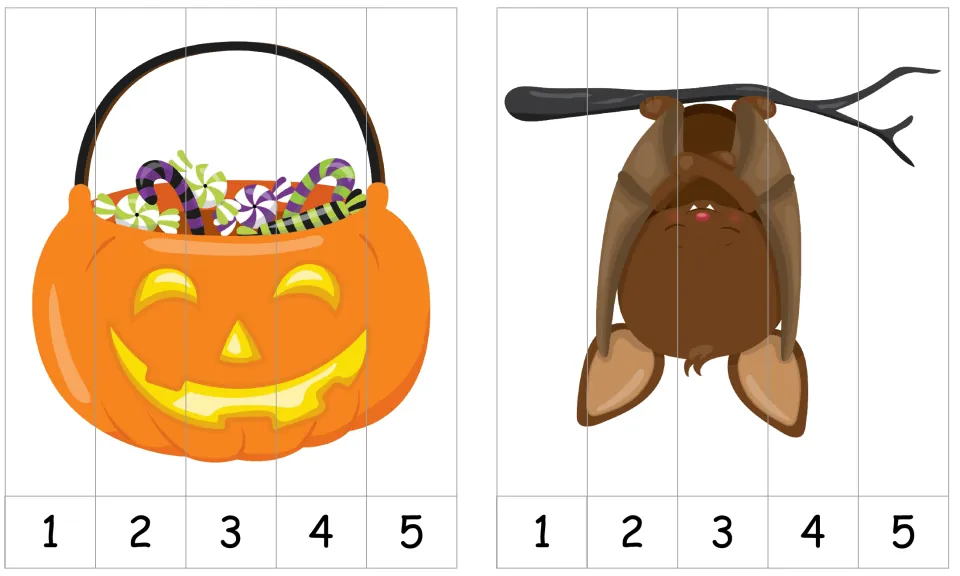 Two Halloween number-order puzzles numbered 1–5: a pumpkin candy bucket and a bat hanging from a branch