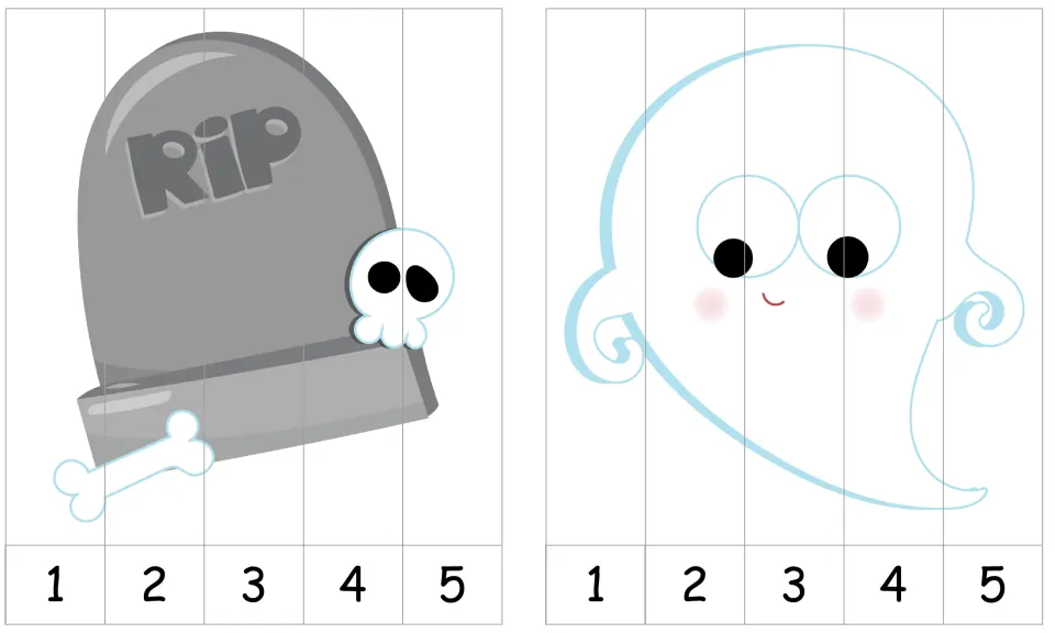Two Halloween number-order puzzles numbered 1–5: a RIP tombstone with a skull and bone, and a smiling ghost
