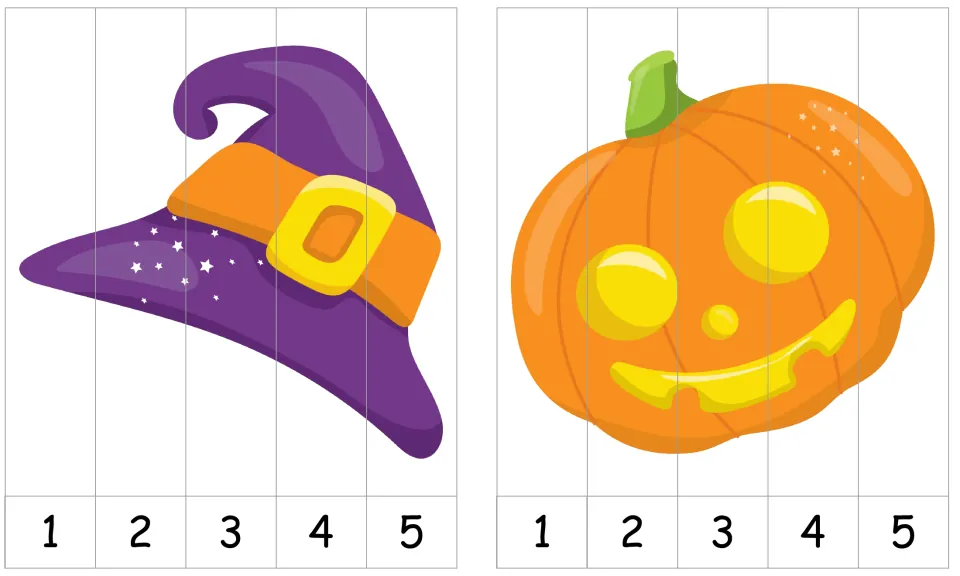Two Halloween number-order puzzles numbered 1–5: a purple witch hat and an orange jack-o'-lantern