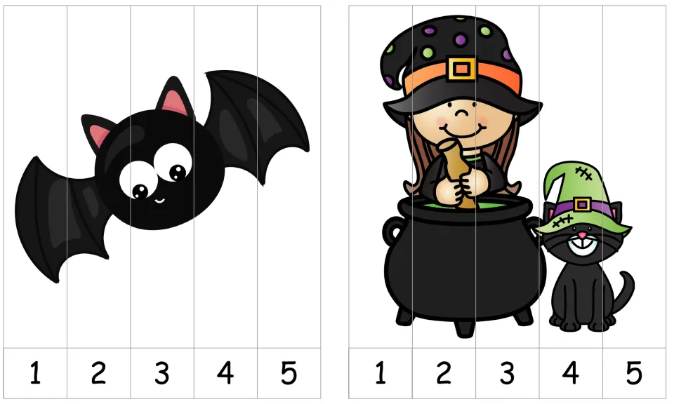 Two Halloween number-order puzzles numbered 1–5: a flying bat and a witch stirring a cauldron beside a cat