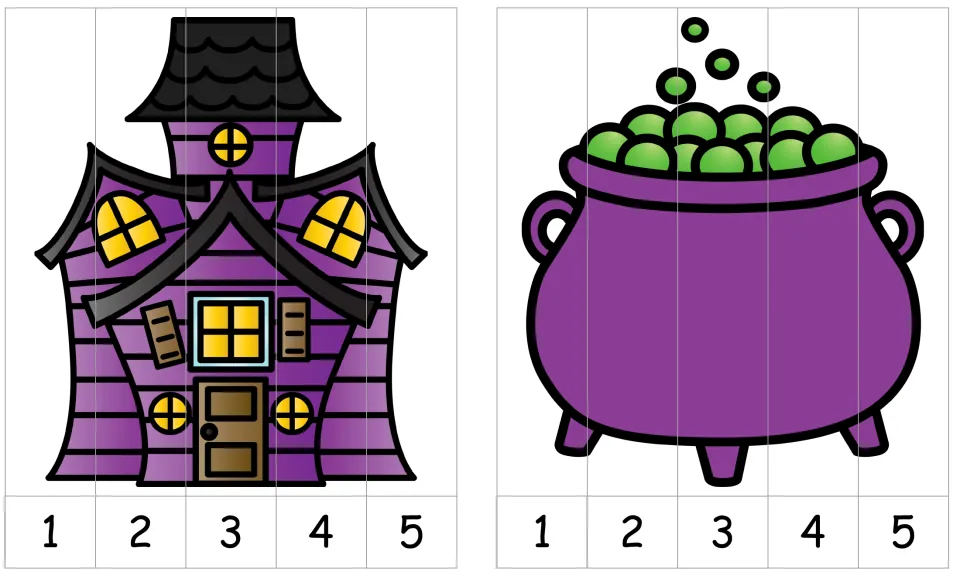Two Halloween number-order puzzles numbered 1–5: a purple haunted house and a cauldron of bubbling green liquid