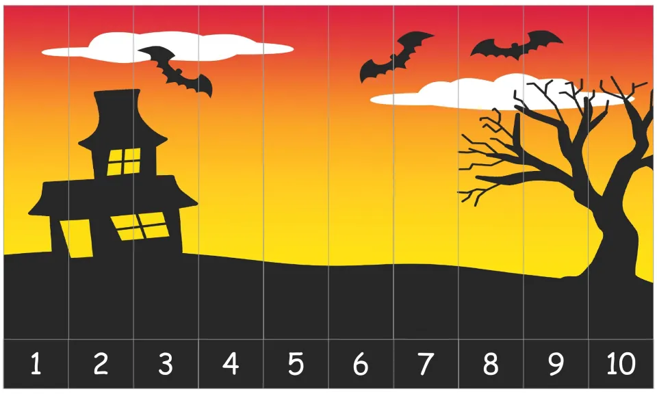 Halloween number-order puzzle numbered 1–10, showing a haunted house, flying bats and a bare tree at sunset