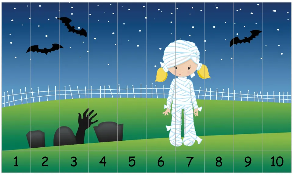 Halloween number-order puzzle numbered 1–10, showing a mummy in a graveyard with bats in the night sky