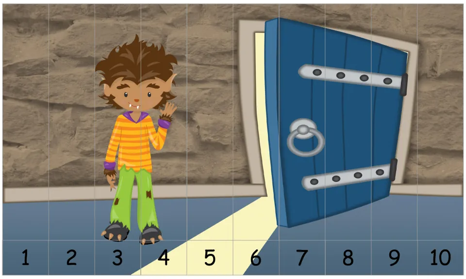 Halloween number-order puzzle numbered 1–10, showing a waving werewolf beside an open blue castle door