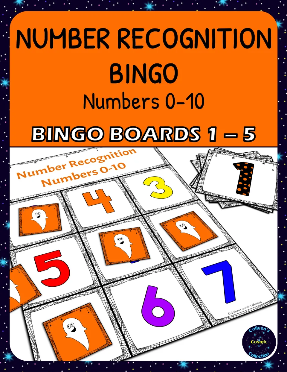 Cover for number recognition bingo for numbers 0–10, identifying boards 1–5 and showing game materials
