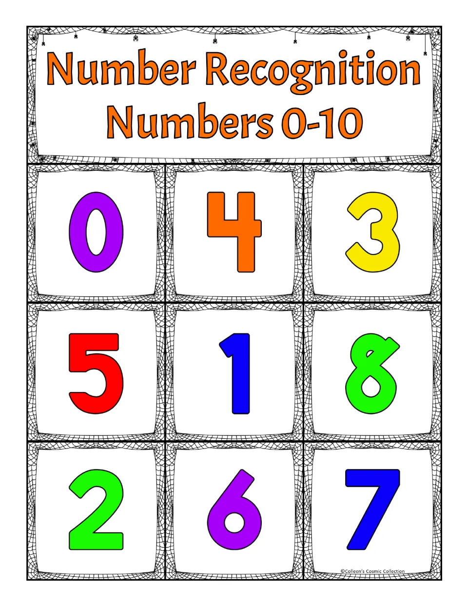 First number recognition bingo board: 0, 4, 3, 5, 1, 8, 2, 6, and 7, for matching numbers called during play