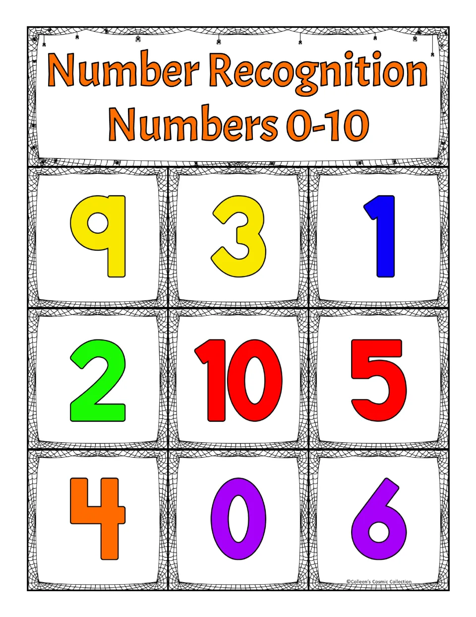 Second number recognition bingo board: 9, 3, 1, 2, 10, 5, 4, 0, and 6, for matching numbers called during play
