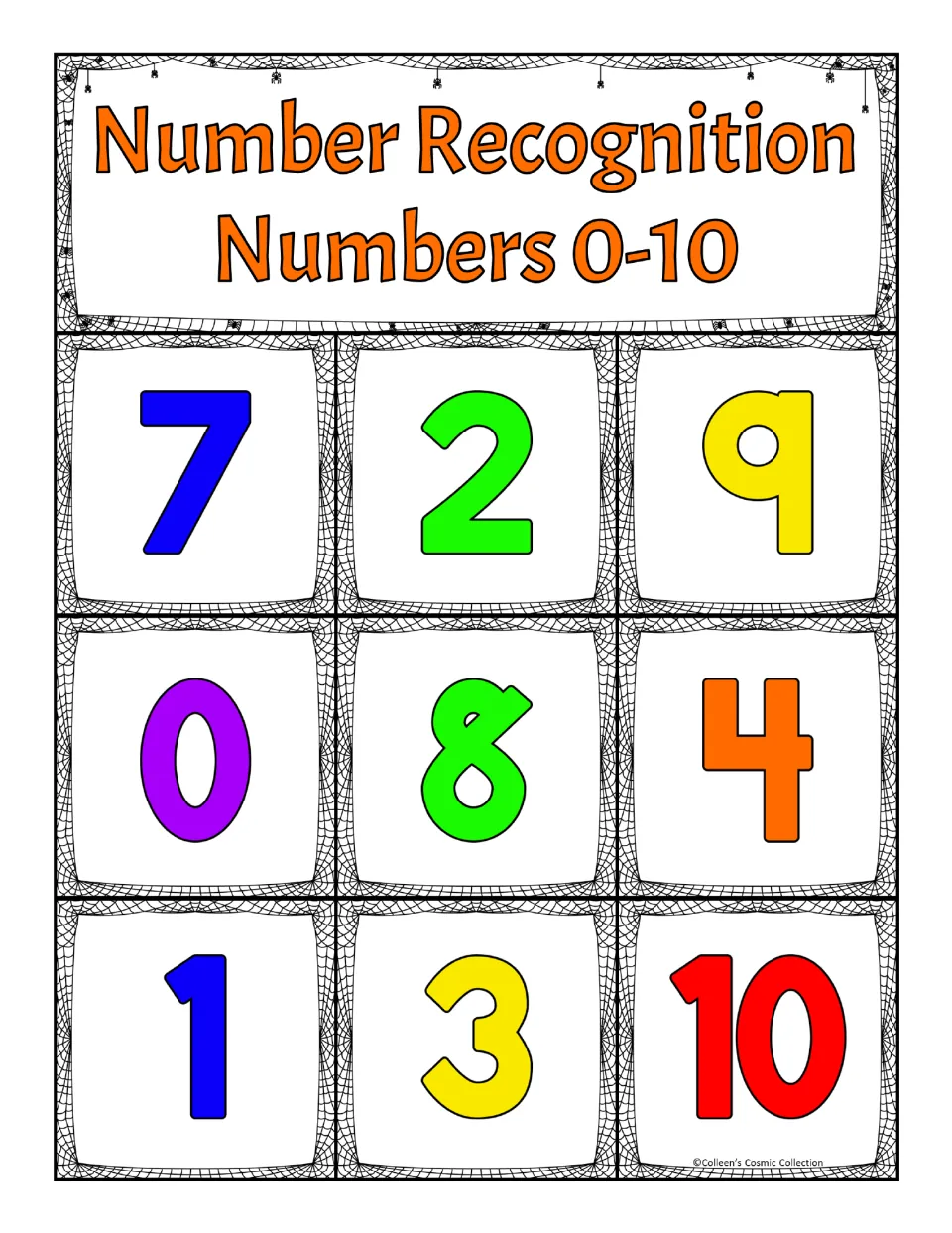 Third number recognition bingo board: 7, 2, 9, 0, 8, 4, 1, 3, and 10, for matching numbers called during play