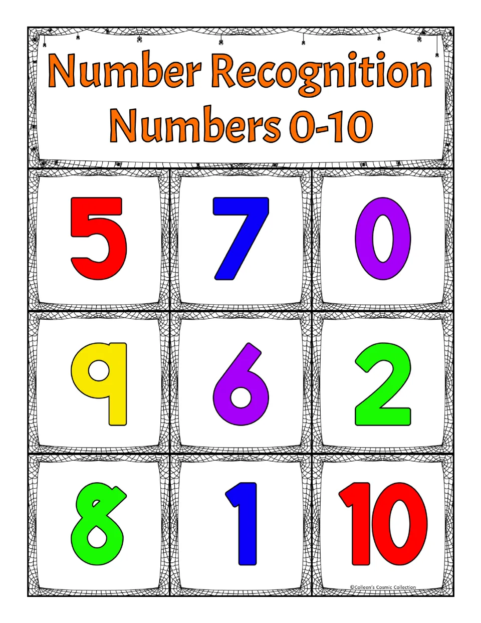 Fourth number recognition bingo board: 5, 7, 0, 9, 6, 2, 8, 1, and 10, for matching numbers called during play