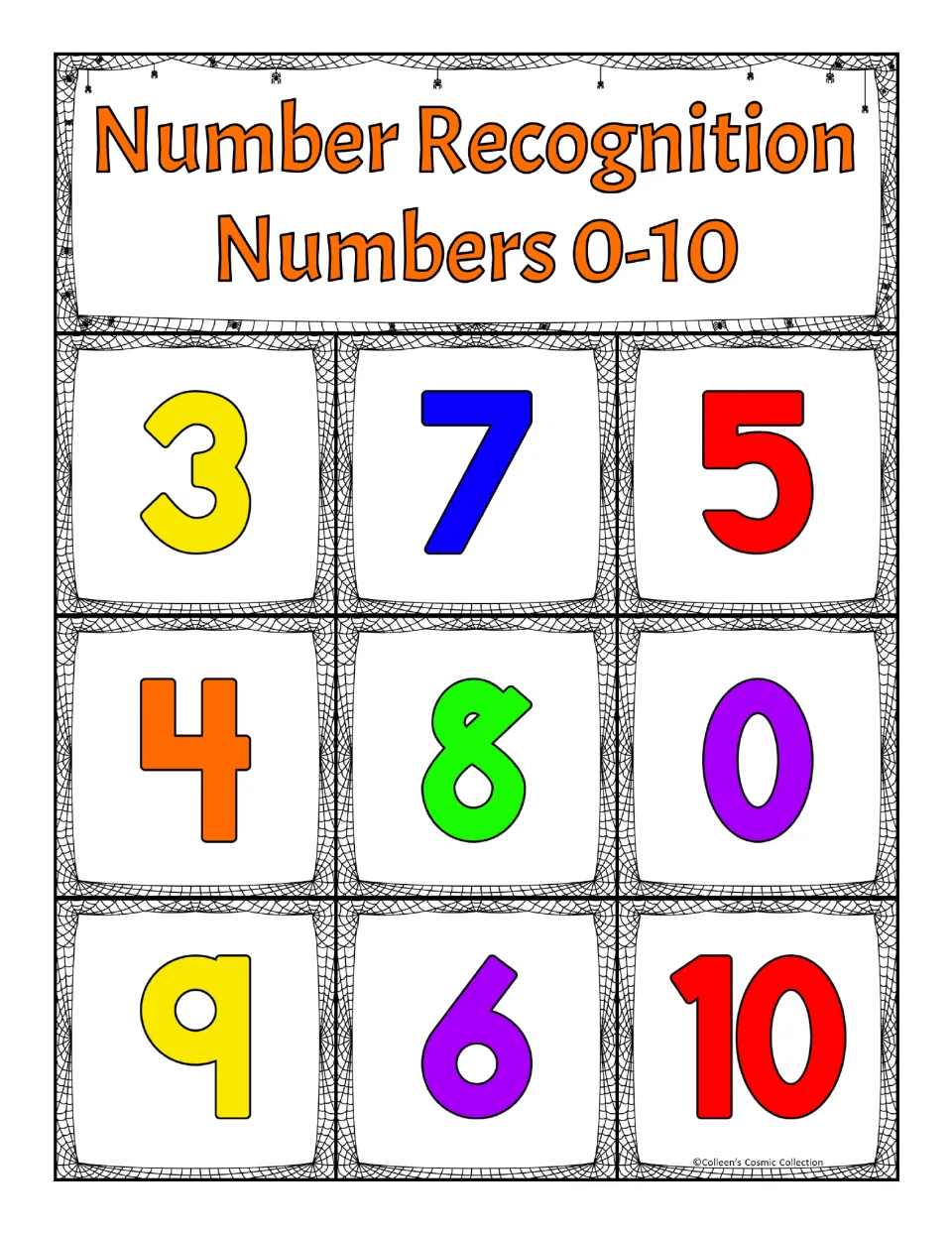 Fifth number recognition bingo board: 3, 7, 5, 4, 8, 0, 9, 6, and 10, for matching numbers called during play