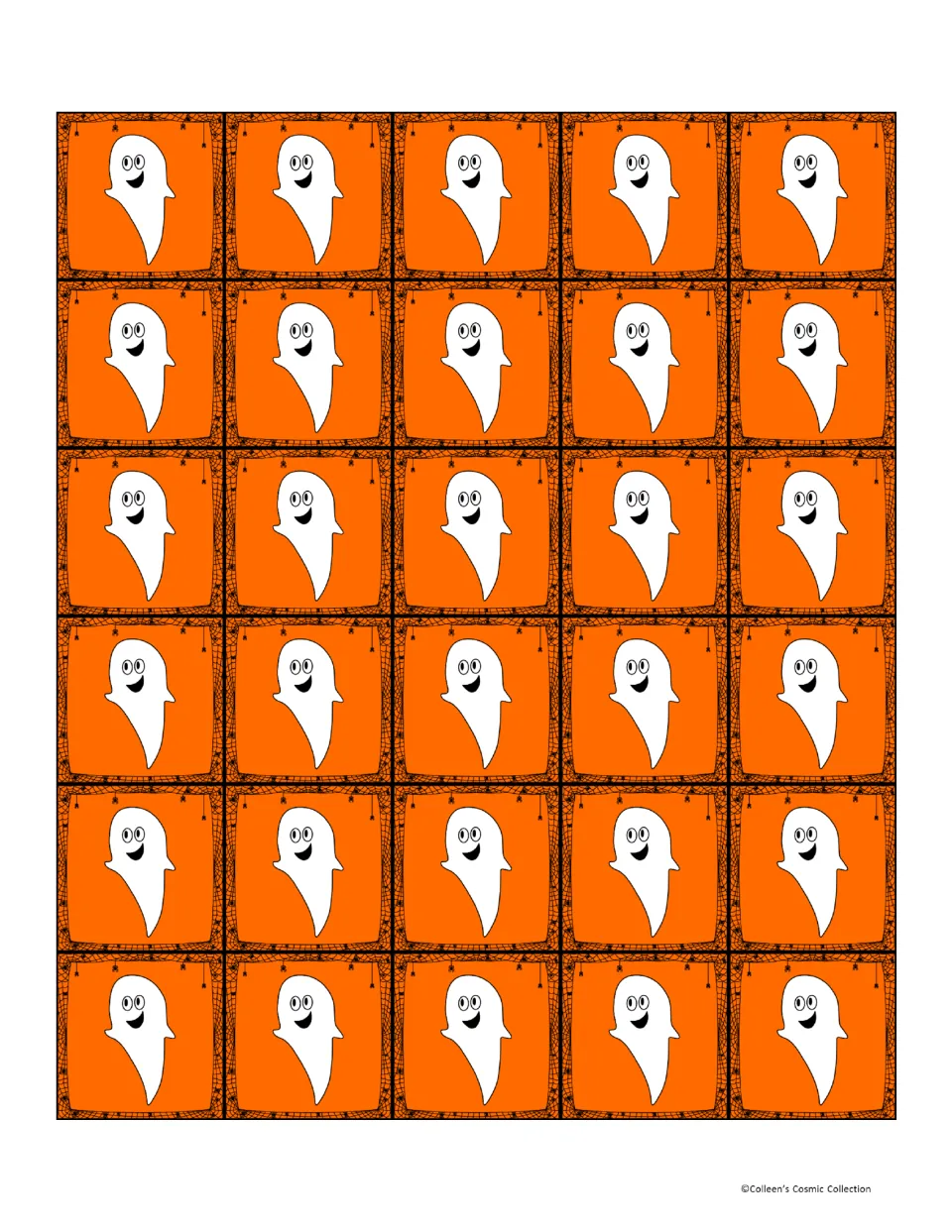 Thirty ghost playing squares for the Halloween bingo game, to cut apart and use to cover called numbers