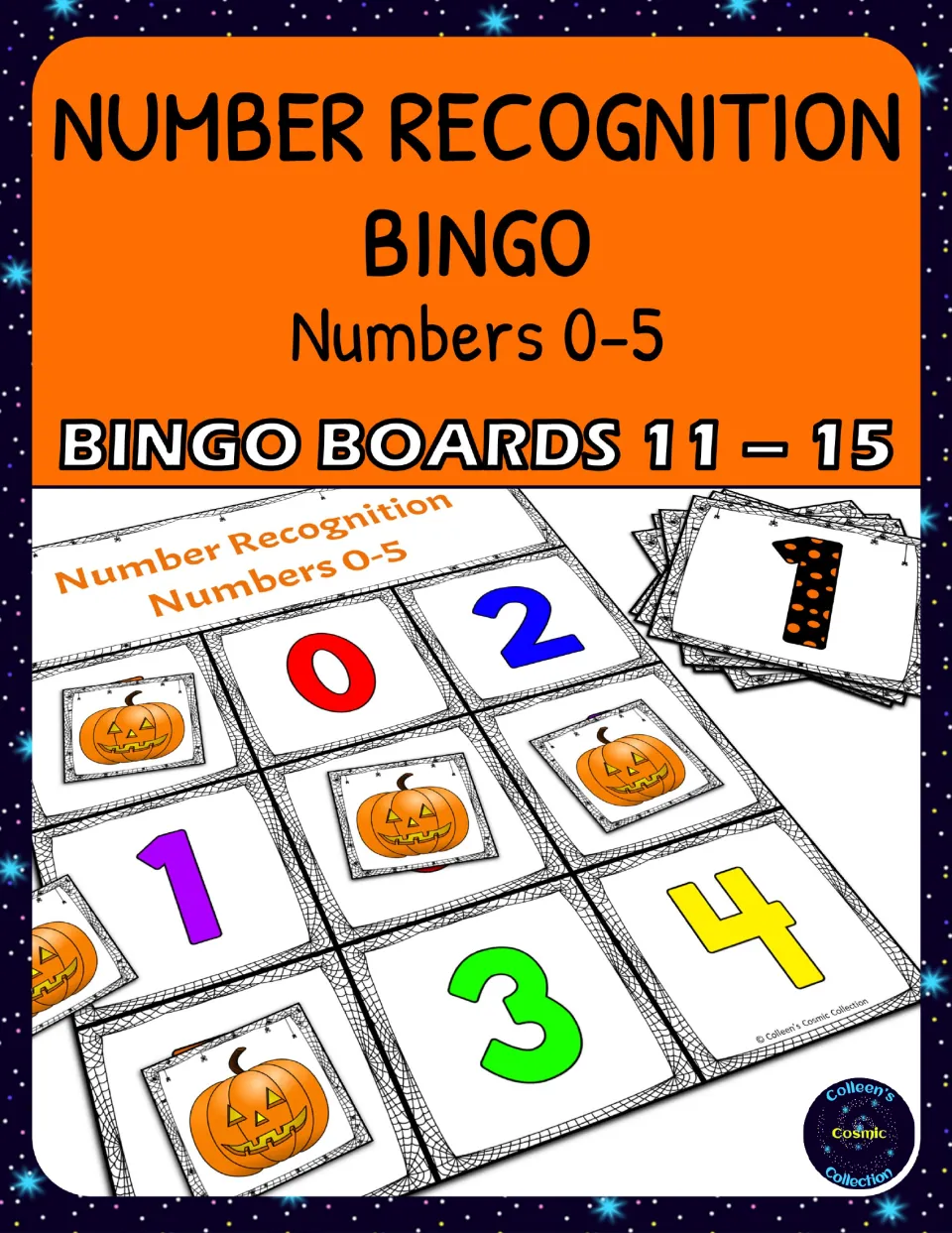 Number Recognition Bingo cover, numbers 0-5, boards 11-15: board with numerals, pumpkin markers and spotted calling cards