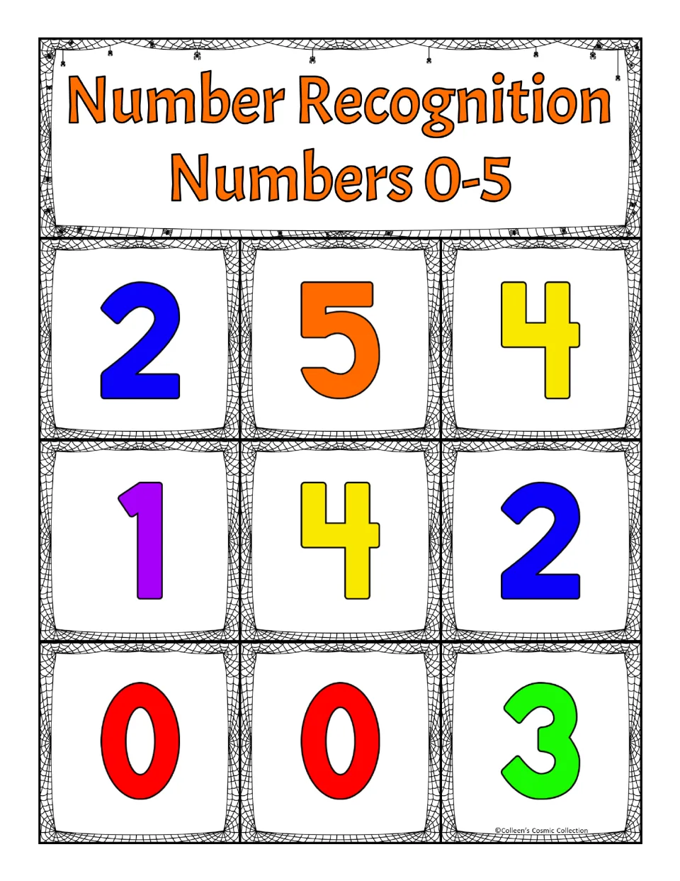Number recognition bingo board, numbers 0-5: students find and cover 2, 5, 4, 1, 4, 2, 0, 0 and 3 as numerals are called